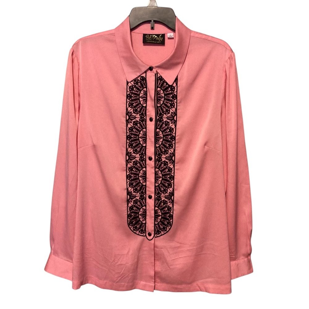 Bob Mackie L Women Vtg Pink Long Sleeve Button Down Mandala Black Stitch Western